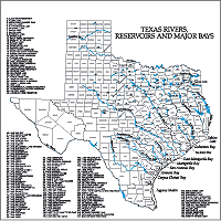 Texas Rivers, Reservoirs (numbered) and Major Bays with County Names