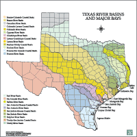 Texas River Basins in color with county outlines