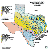 Texas River Basins in color with Streams